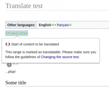 Visual Editor displaying, over a <translate> tag, an help bubble containing 'Start of the content to be translated' - 'This range is marked as translatable. Please make sure you follow the guidelines of Changing the source text.'