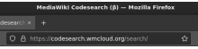 a window titled MediaWiki Codesearch (β) — Mozilla Firefox, with codesearch.wmcloud.org in the address bar